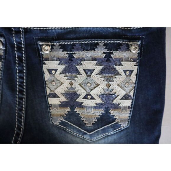 Miss Me M9176BV Women's Sz 29 Dark Blue Aztec Haze Mid-Rise Bootcut Jeans - Picture 8 of 14